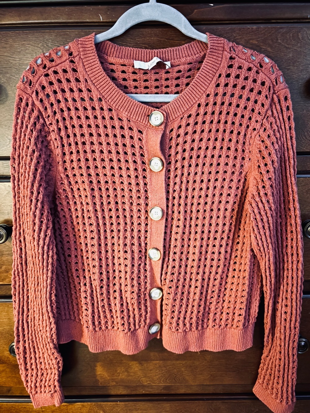 LOFT Open-Knit Button-Front Cardigan in Brick Rose Terracotta